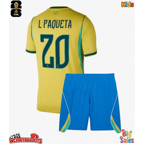 Brazil Lucas Paqueta #20 Replica Home Stadium Kit for Kids World Cup 2026 Short Sleeve (+ pants)